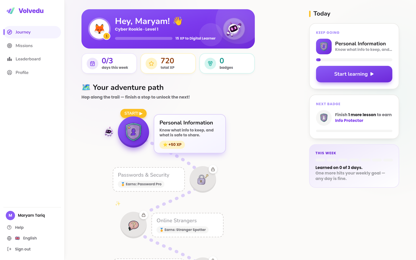 Volvedu open in a browser — a student’s learning journey with XP, badges and the next lesson