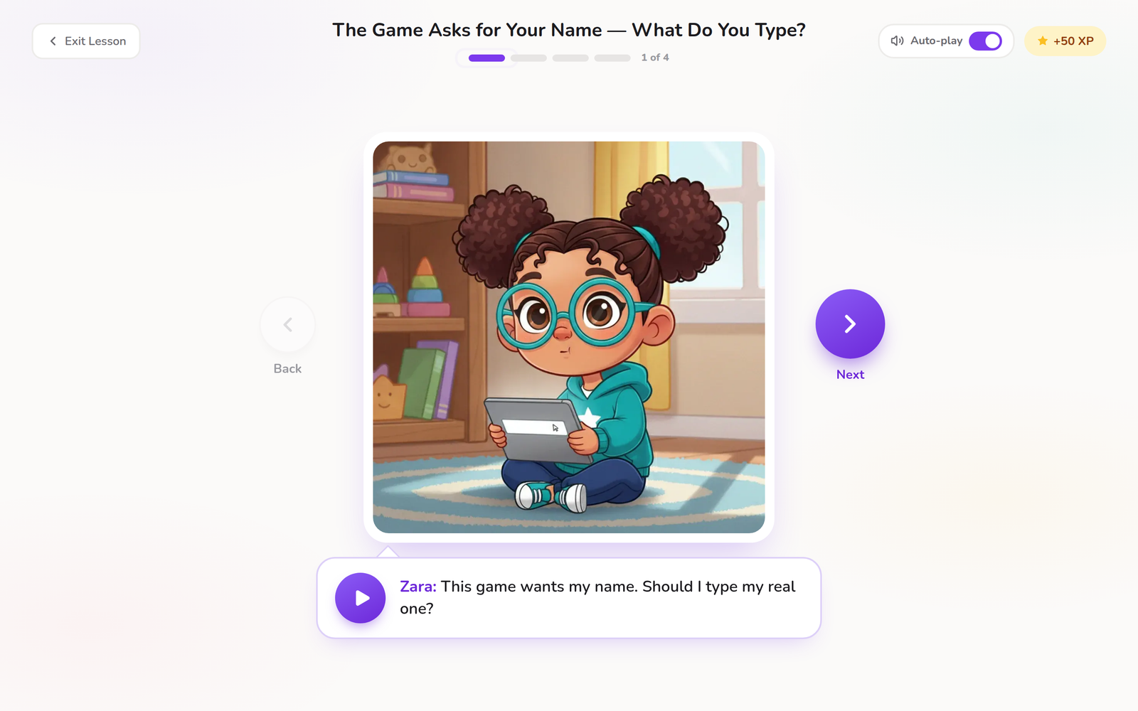 Comic lesson player showing an illustrated panel and a character speech bubble with a play button for narration