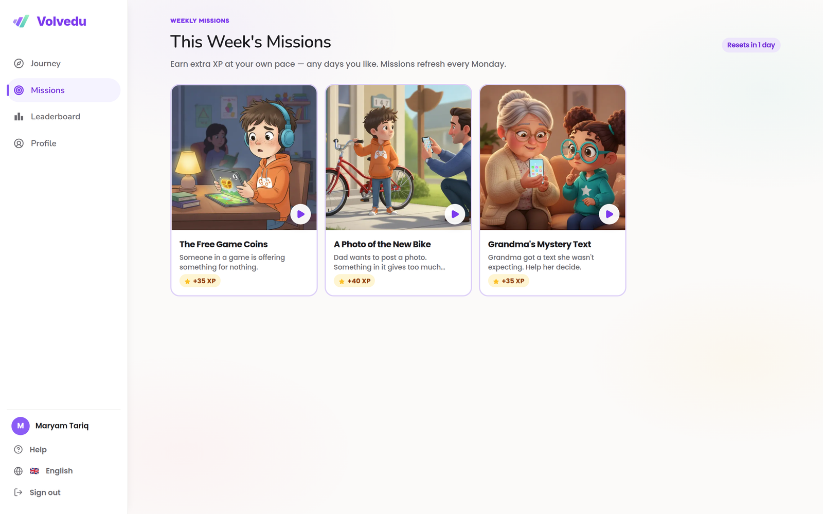 Weekly missions grid showing illustrated scenario tiles, each worth XP