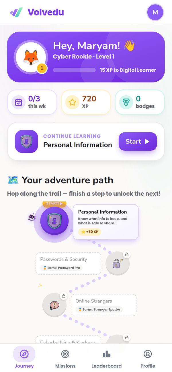 Volvedu on a phone — the same learning journey, with a bottom tab bar and stacked cards