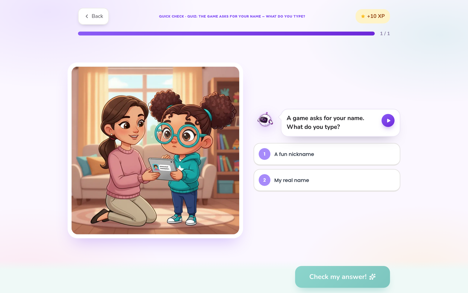 Scenario quiz: an illustrated situation beside a question from Byte the robot with two answer choices