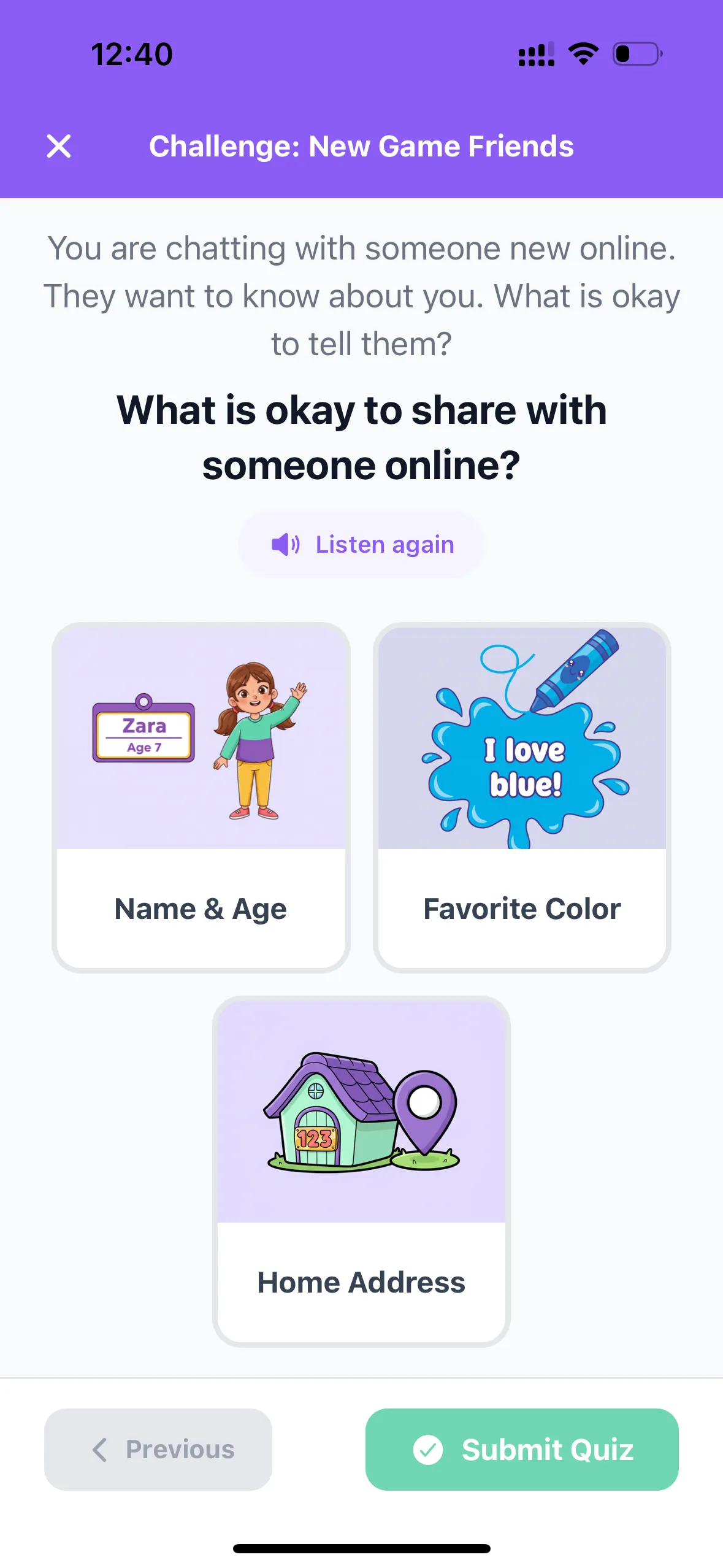 Interactive quiz asking what is okay to share with someone online, with visual answer choices